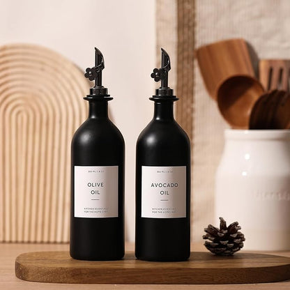 HOMCDALY Olive Oil Dispenser for Kitchen, 16oz Glass Oil Bottles with Bamboo Tray, Black Oil&Vinegar Cruet Set, Kitchen Dispenser Bottles with Pourer | Set of 2 (16oz – Black) - Image 7