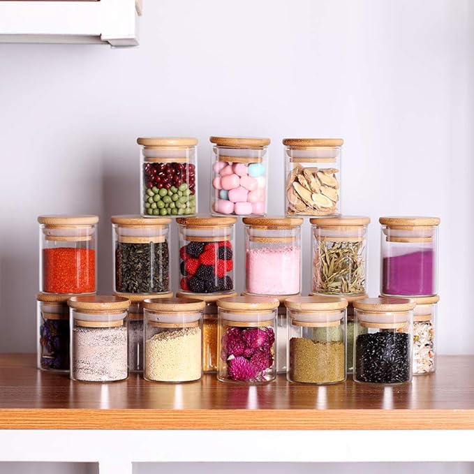 Tzerotone Spice Jar Set,2.5oz 20 Piece Glass Jar with Bamboo Airtight Lids and Labels, Mini Clear Food Storage Containers for pantry, kitchen canisters for Tea, Herbs, Sugar, Salt, Coffee - Image 2