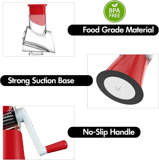 Rotary Cheese Grater Shredder, Speed Kitchen Manual Round Mandolin Slicer Safe Grinder with 3 Interchangeable Blades for Nuts, Carrot, Hashbrown, Garlic, Walnut, Potato, Chocolate (Red) - Image 7