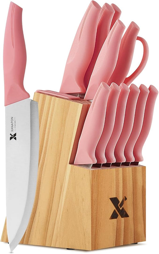 XANAPON 14-Piece Kitchen Knife Set with Block, High Carbon Stainless Steel Sharp Chef Knives with Built-in Sharpener, Ergonomic Handles, Professional Cutlery for Home Cooking & Gifts, Pink by Xanapon