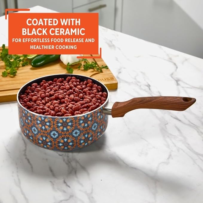 IMUSA 2 Quarts Talavera Nonstick Saucepan with Wood Look Handle, Ceramic Coated - Image 4