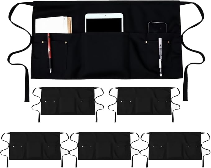 TiwerlfeServer Waist Aprons with 5 Pockets - 11.5 Inch Waterdrop & Oil Resistant Waitress Waiter Half Apron