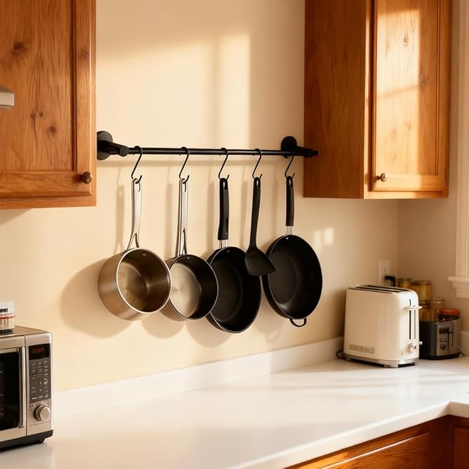 NEWRAIN Pot Rack Wall Mounted, 21 inch Hanging Pot and Pan Hanger, Stainless Steel Kitchen Rail Coffee Mug Rack with 10 S Hooks,Matte Black
