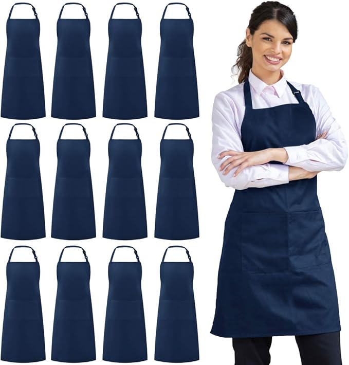 Syntus 12 Pack Bib Apron, Unisex Aprons Adjustable Waterdrop Resistant with 2 Pockets Cooking Kitchen Apron for Chef, BBQ Drawing Apron Bulk, Nautical Blue by Syntus