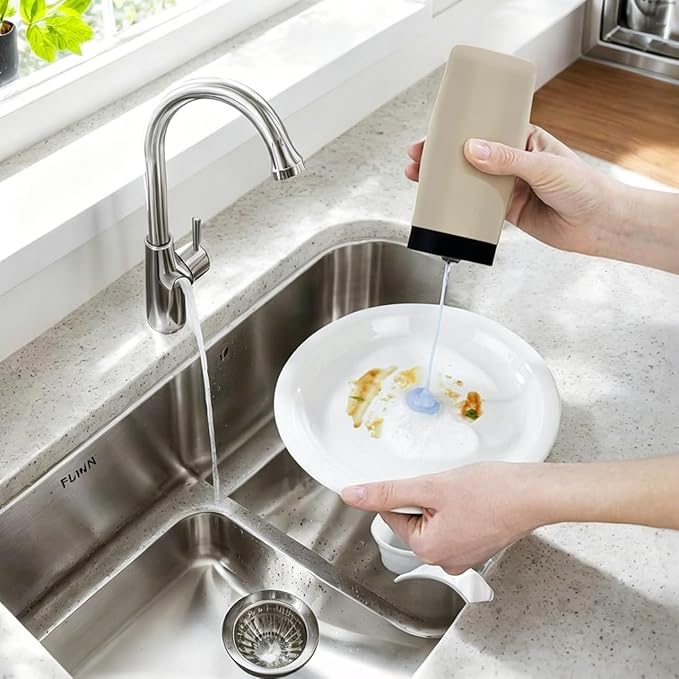 Silicone Dish Soap Dispenser, 8 Oz Refillable Squeeze Bottle, Leakproof for Kitchen Sink, Light Gray - Image 2