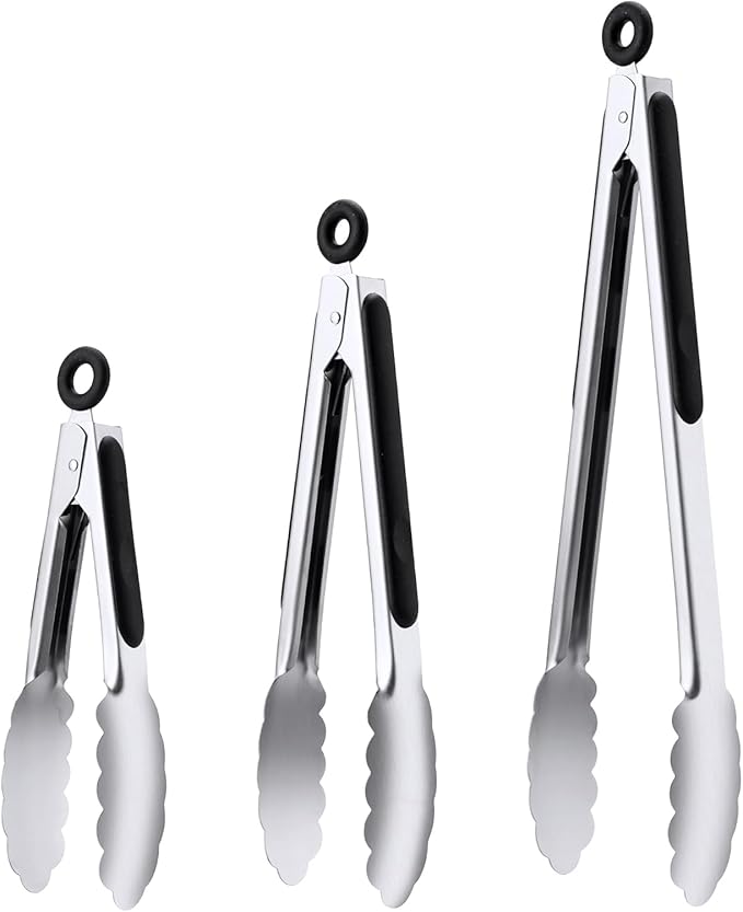 Stainless Steel Tongs Set, Food Grade Stainless Steel Kitchen Tongs, Heat Resistant 600 Degrees, for Cooking, BBQ Barbecue, Grilling, Buffet, Serving (7"+9"+12") by DAILYKISN
