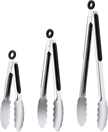 Stainless Steel Tongs Set, Food Grade Stainless Steel Kitchen Tongs, Heat Resistant 600 Degrees, for Cooking, BBQ Barbecue, Grilling, Buffet, Serving (7"+9"+12") by DAILYKISN