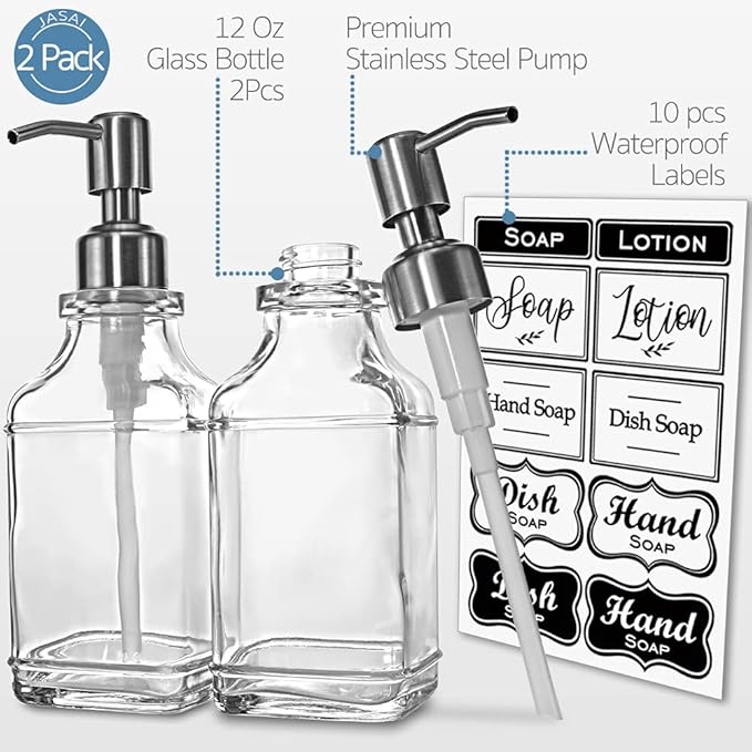 JASAI 2Pack Antique Design Glass Soap Dispenser with Rust Proof 304 Stainless Steel Pump, Refillable Hand Soap Dispenser with 10Pcs Stickers, Premium Soap Dispensers for Kitchen & Bathroom (Clear) - Image 2