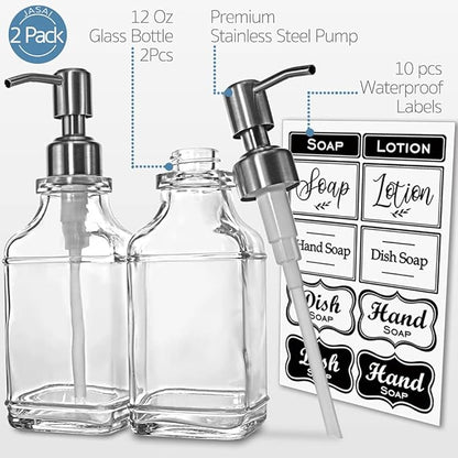 JASAI 2Pack Antique Design Glass Soap Dispenser with Rust Proof 304 Stainless Steel Pump, Refillable Hand Soap Dispenser with 10Pcs Stickers, Premium Soap Dispensers for Kitchen & Bathroom (Clear) - Image 2