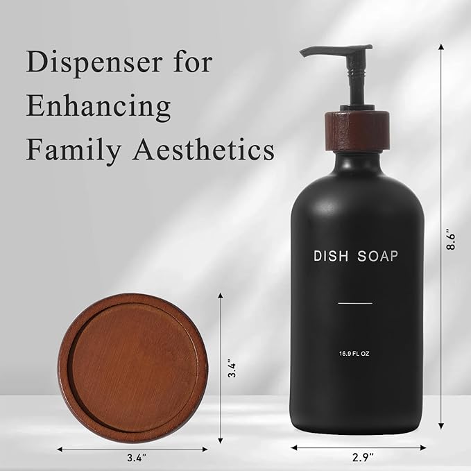 Dish Soap Dispenser, Refillable Soap Dispenser Kitchen with Tray, Glass Soap Dispenser with Pump, Suitable for Soap Dispenser for Kitchen Sink, Modern Home Decor. (Black)