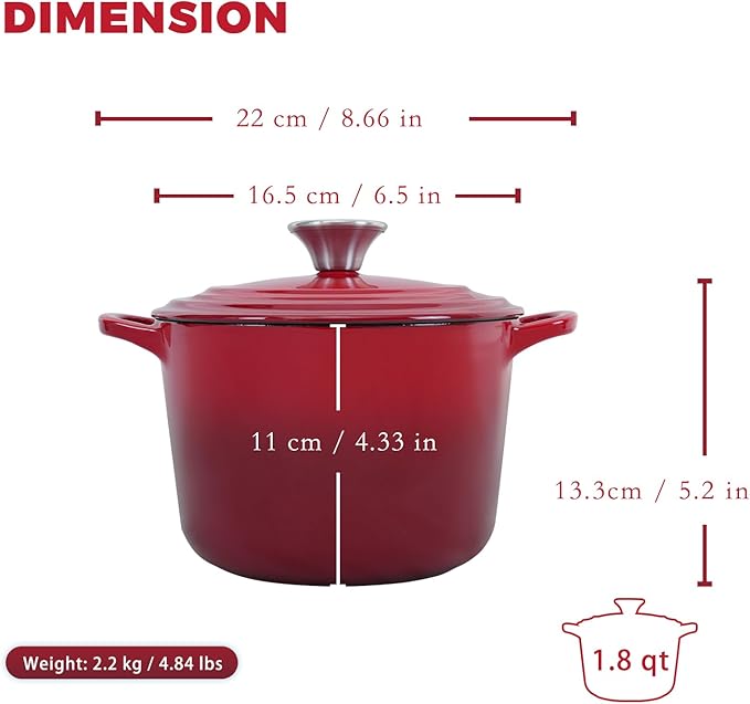 Flavehc Dutch Oven Pot with Lid 1.8 qt Cast Iron Dutch Oven for Bread Baking Red Enameled Cast Iron Rice Pot with Handels - Image 4