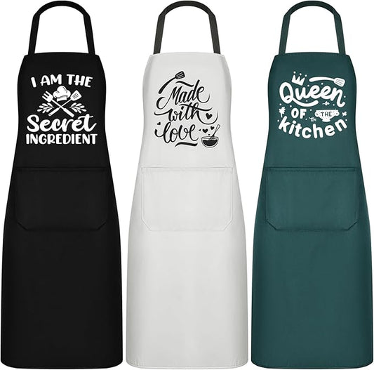 Jeyiour 3 Pack Funny Cooking Aprons Women Oil-proof Kitchen Aprons with Pockets for Home Chef BBQ Mother Day Birthday Gifts(Black, Green, White)