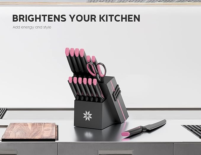 Knife Set - 15 PCS Kitchen Knife Set with Built-in Knife Sharpener Block - Stainless Steel Knife Block Set - Dishwasher Safe, Elegant Box for Her Women Wife, Mothers Day, Pink - Image 5