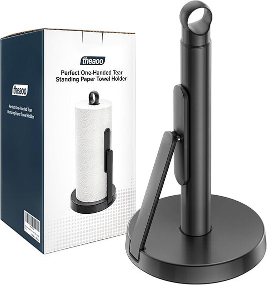 theaoo Heavy-Duty Stainless Steel Paper Towel Holder with Tension Arm – Easy One-Handed Tear, Modern Standing Countertop Dispenser for Kitchen, Holds All Paper Towel Rolls (1, Black) by theaoo