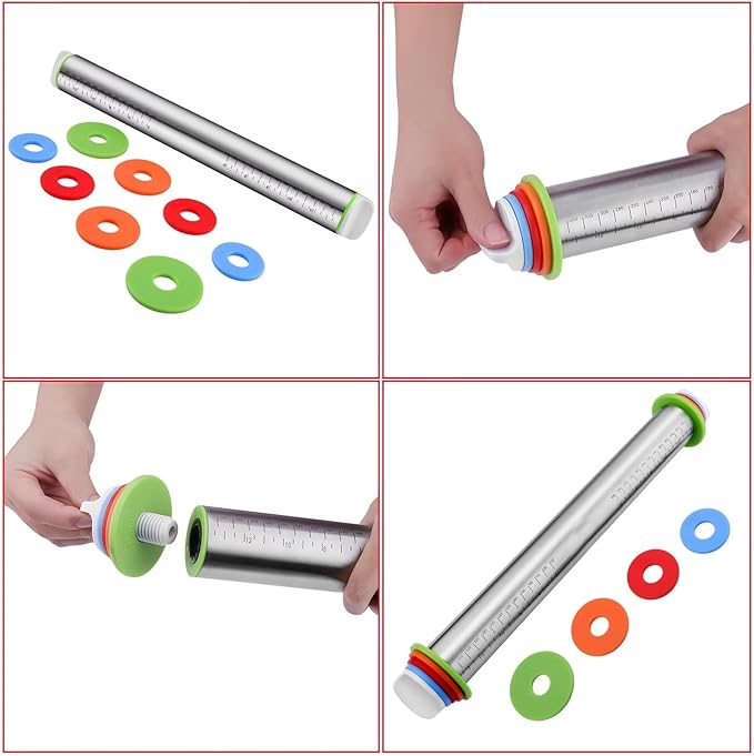 Stainless Steel Rolling Pin and Silicone Mat Set, Adjustable Thickness Rings - For Baking Dough, Pizza, Pies, Pastries, Pasta, Cookies - Image 3