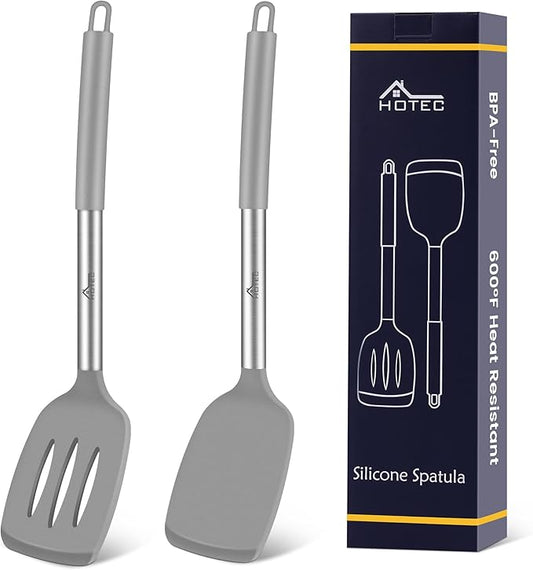 HOTEC Silicone Spatula Set of 2 Heat-Resistant 600°F & BPA-Free Kitchen SaptulaTurner with Stainless Steel Handles, Slotted & Solid Spatulas for Nonstick Cookware, 13.7 Inch, Grey
