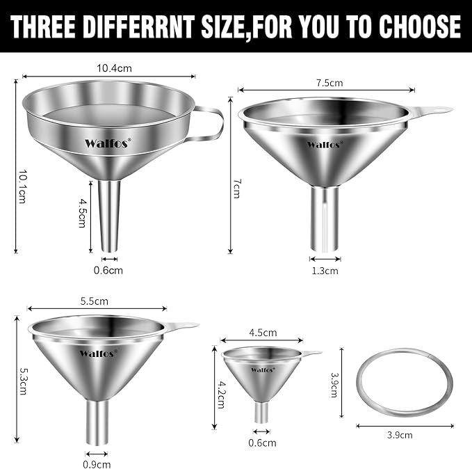 Stainless Steel Funnel, Walfos 4 Pack(4in、3 in、2.2 in、1.7in Kitchen Funnel with 2 Removable Strainer ＆ 1Pcs Cleaning Brush, Perfect for Transferring of Liquid, Oils, Jam, Dry Ingredients & Powder - Image 4