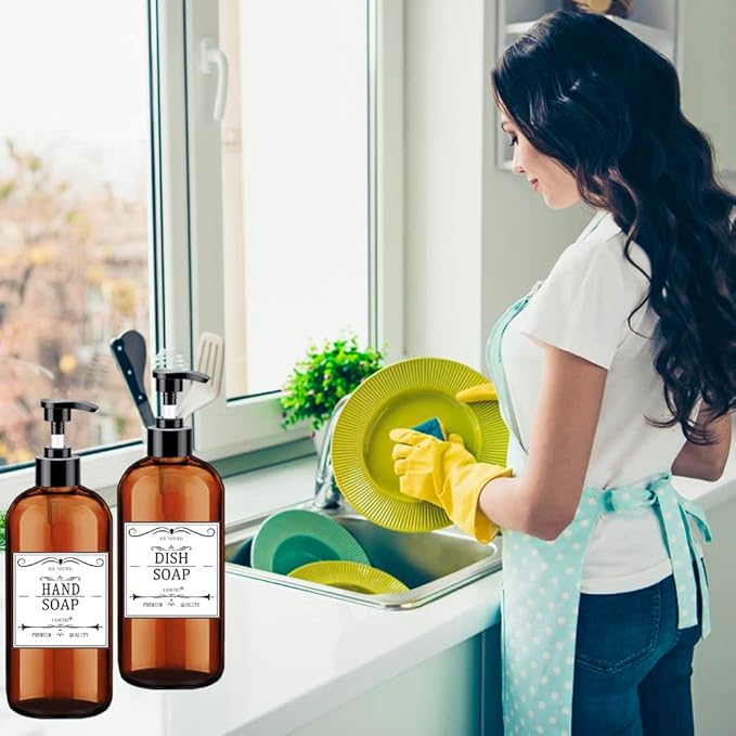 Soap Dispenser with Rust Proof Pump, Waterproof Labels (2 Pack,16 Oz) Bathroom, Plastic Hand Dish Soap Dispenser for Kitchen, Premium Thick Soap Pump Bottles (Amber) - Image 3