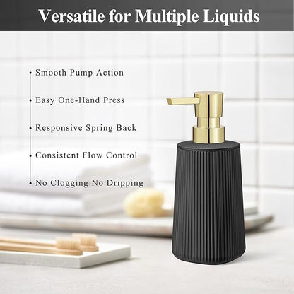 Black and Gold 2 Pack Hand Soap Dispensers Set with No Rust Pump for Bathroom and Kitchen Countertops Refillable Matte Striped Plastic 8.5 oz
