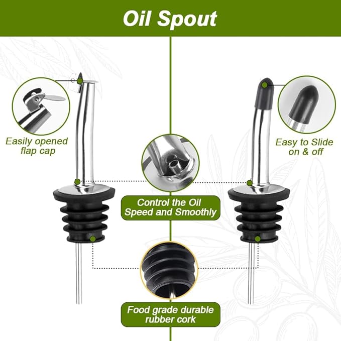 Green Olive Oil Dispenser Bottle - 17oz/500ml Glass Oil and Vinegar Bottles Set for Kitchen, Oil Dispenser with 2 Stainless Steel Pourers, Funnel and Brush - Image 4