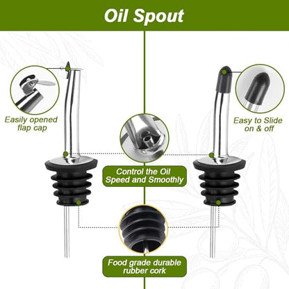 2-Pack Olive Oil Dispenser Bottle Set - 17oz/500ml Dark Green Glass Oil and Vinegar Bottles for Kitchen, Includes 2 Stainless Steel Pourers, Funnel, Brush & 4 Chalkboard Labels - Image 4