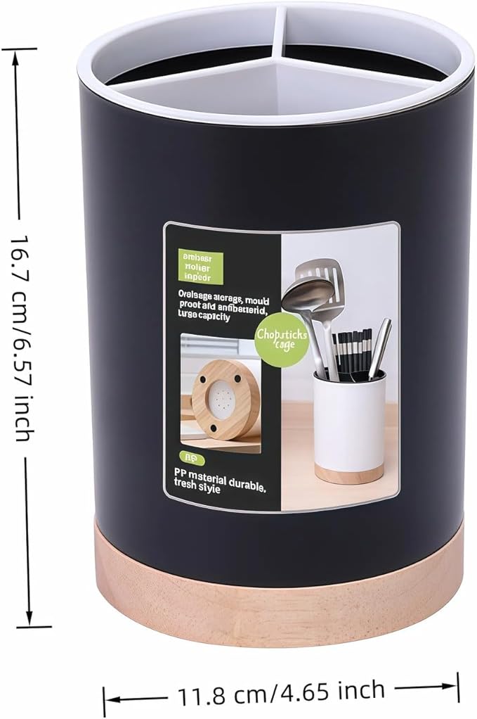 BUBBLE-FLY Modern Kitchen Utensil Holder with Drainage, Black and Wood Base, 3 Compartment Divided Organizer for Spoons Forks Knives, Countertop Caddy for Cooking Tools and Cutlery Storage- Non-Slip - Image 3