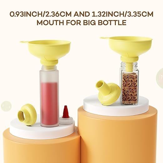 Wide Mouth Versatile Funnel, Canning Funnels for Kitchen Use, Food Grade Plastic Cooking Funnel Set with 4 Size Spouts and 2 Strainers for Filling Different Bottles and Bags, Yellow