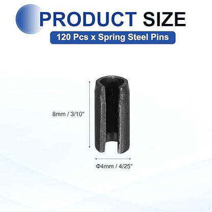 MECCANIXITY 120Pcs Slotted Split Roll Pins 4/25 Inch(4mm) Dia. 3/10 Inch(8mm) Length 65Mn Steel Spring Tension Expansion Dowels for Secure Fastening, Black