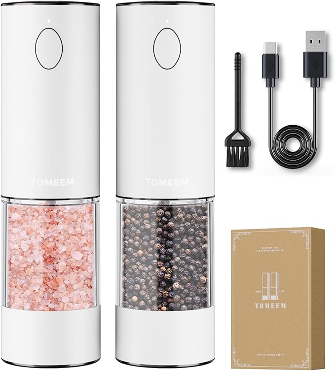 TOMEEM Upgraded Larger Capacity Electric Salt and Pepper Grinder Set Rechargeable with LED lights, Stainless Steel Automatic Pepper and Salt Grinder Refillable with 5 Adjustable Coarseness White by Tomeem