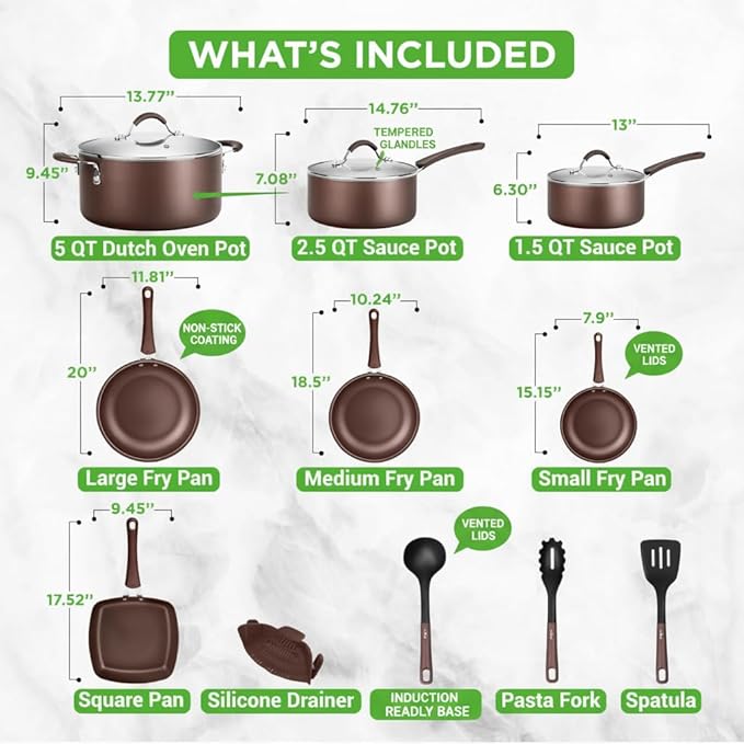 NutriChef 14-Piece Nonstick Brown Cookware Set - Scratch-Resistant Kitchen Pots and Pans with Lids & Utensils, For All Cooktops - NCCW14SBR - Image 3