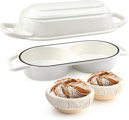 YONILL Mini Double Dutch Oven for Sourdough Bread Baking - Enameled Cast Iron Dutch Oven Pot with Lid and 5" Banneton Bread Proofing Basket Kit, Dual Round Bread Loaf Pan for Homemade Baking (White) by YONILL