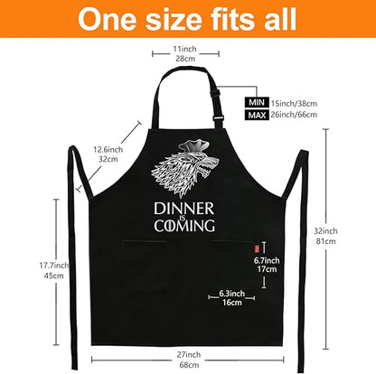 Grill Aprons for Men Women, Dinner is Coming Kitchen Chef Apron with 2 Pockets and 40" Long Ties, Adjustable Bib Apron for Cooking, BBQ, Baking, Gardening, Black