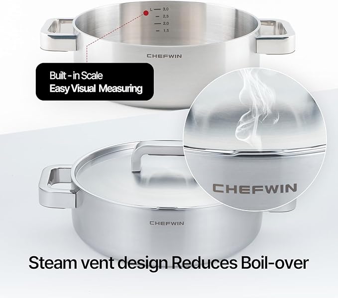 316 Stainless Steel 3.8 Quart Brazier with Lid Stew Pot, Induction Cookware, Dishwasher Safe & Oven Safe, Stay-Cool Silicone Handle