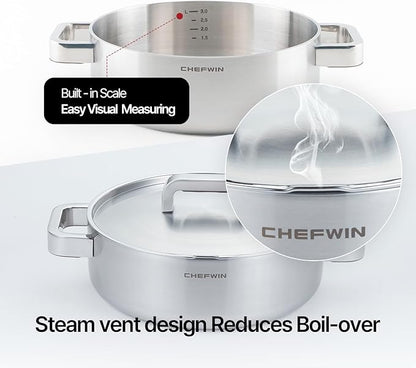316 Stainless Steel 3.8 Quart Brazier with Lid Stew Pot, Induction Cookware, Dishwasher Safe & Oven Safe, Stay-Cool Silicone Handle