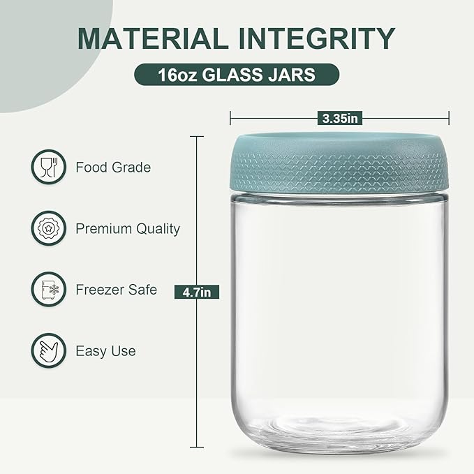 NETANY 6-pack 16oz Glass jars with Airtight Lids, Overnight Oats Containers with Lids, Wide mouth Mason Salad jars, Glass Food Storage Containers for Snacks Yogurt Spice Sugar - Green - Image 2