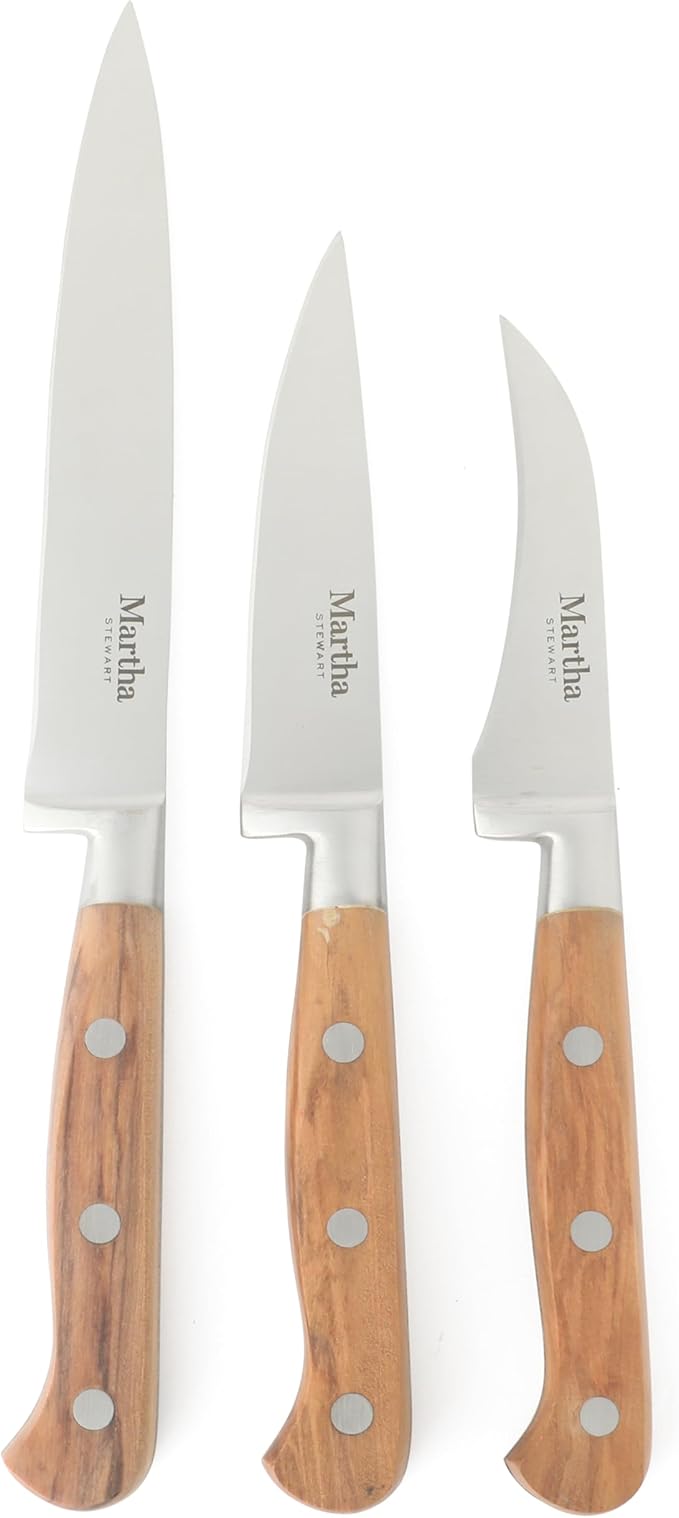 Martha Stewart Austenwood 15-Piece Knife Block Set, German Stainless Steel Kitchen Knives with Forged Italian Olive Wood Handle