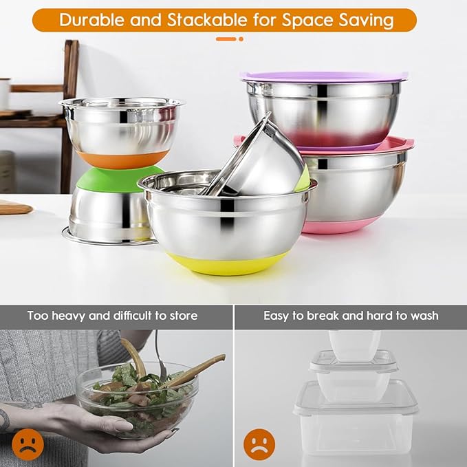 CHAREADA Mixing Bowls with Airtight Lids, 18pcs Stainless Steel Nesting Mixing Bowls Set Non-slip Silicone Bottom, Size 4.5, 3.6, 2.7, 2.1, 1.7, 1.1, 0.7 qt, Fit for Mixing & Serving(Colorful) - Image 9