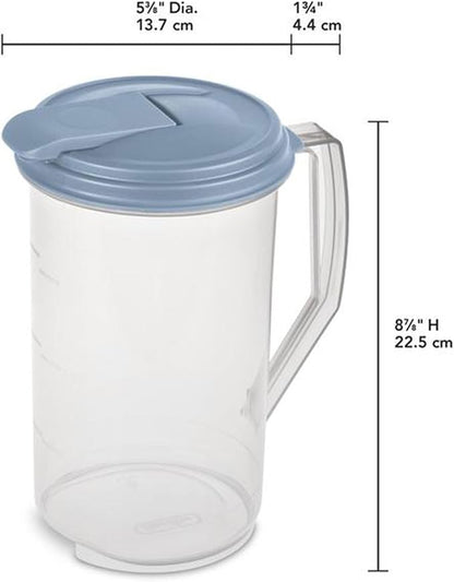 Sterilite 2 Quart Clear Round Plastic Pitcher, Dishwasher Proof with Blue Lid, Spout, and Handle for Easy Pouring, Washed Blue, 18-Pack - Image 3