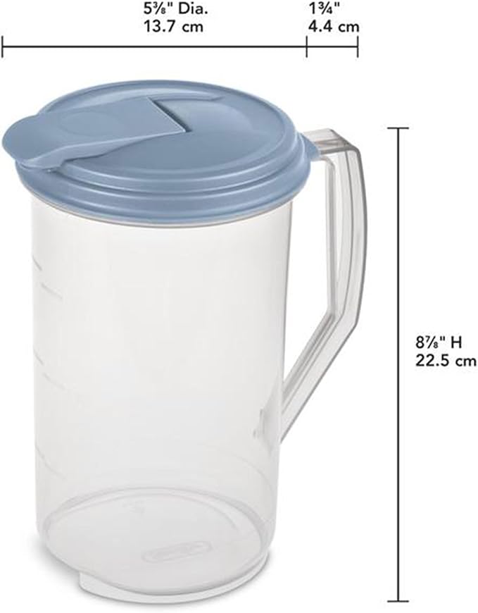 Sterilite 2 Quart Clear Round Plastic Pitcher, Dishwasher Proof with Blue Lid, Spout, and Handle for Easy Pouring, Washed Blue, 12-Pack - Image 3