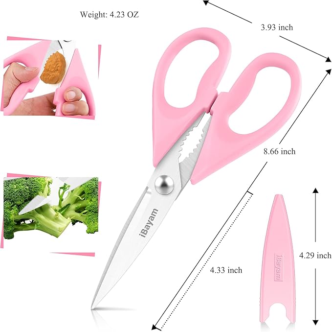 iBayam Kitchen Scissors, Purple Kitchen Utensils Accessories, All Purpose Heavy Duty Meat Scissors, Poultry Shears, Dishwasher Safe, Stainless Steel, 2-Pack, Pastel Pink, Soft Purple - Image 4