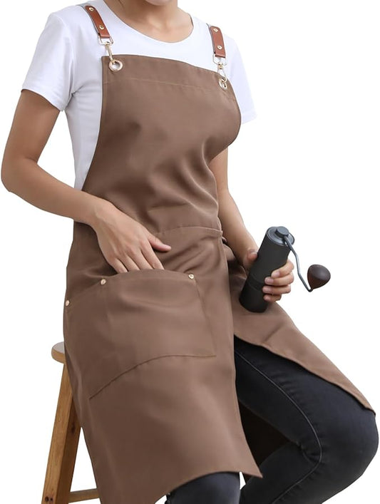 KITCHIEF Pottery Apron Split Leg,Cross Back Chef Apron with Pockets,Painting Apron with Adjustable Straps for Cooking,Baking,BBQ,Ceramic,GardeningQ(Brown)
