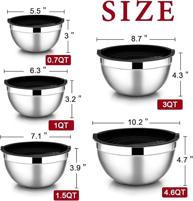 E-far Mixing Bowls with Lids Set of 5, Stainless Steel Black Mixing Bowls Metal Nesting Bowls with Airtight Lids for Cooking, Baking, Serving, Storage - Size 0.7/1/1.5/3/4.6QT - Dishwasher Safe - Image 7