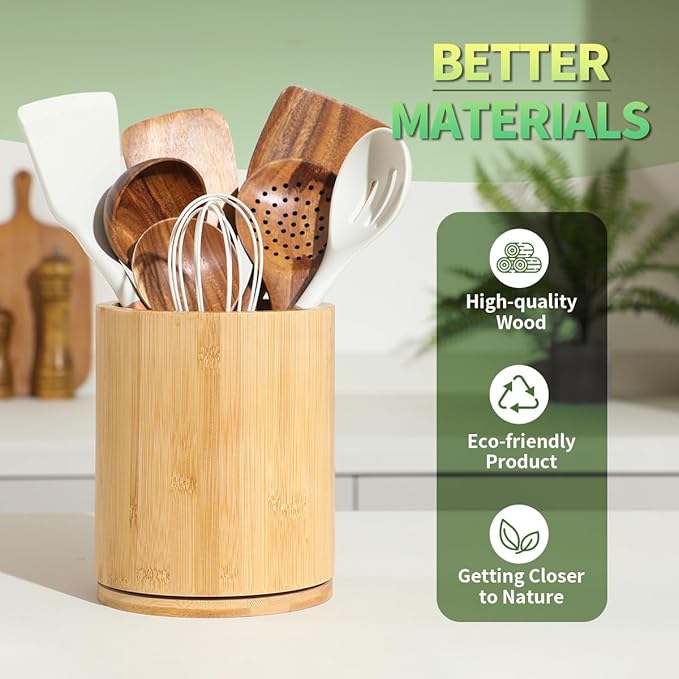 Wooden Utensil Holder, 360°Rotating 7.3'' Large Utensil Holder for Kitchen Counter, Kitchen Utensil Organizer, Utensil Crock, Farmhouse Kitchens Countertop Decor, Bamboo Wood - Image 5