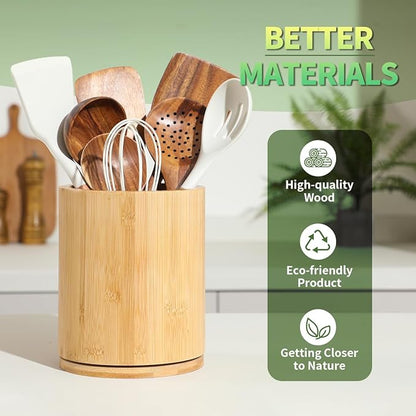 Wooden Utensil Holder, 360°Rotating 7.3'' Large Utensil Holder for Kitchen Counter, Kitchen Utensil Organizer, Utensil Crock, Farmhouse Kitchens Countertop Decor, Bamboo Wood - Image 5