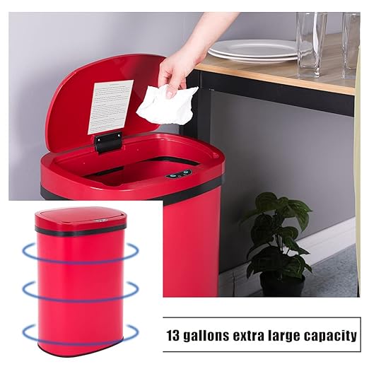 13 Gallon 50 Liter Garbage Can Kitchen Trash Can with Lid Automatic Sensor Touch Free Stainless Steel Waste Bin for Bathroom Bedroom Home Office,Red - Image 6