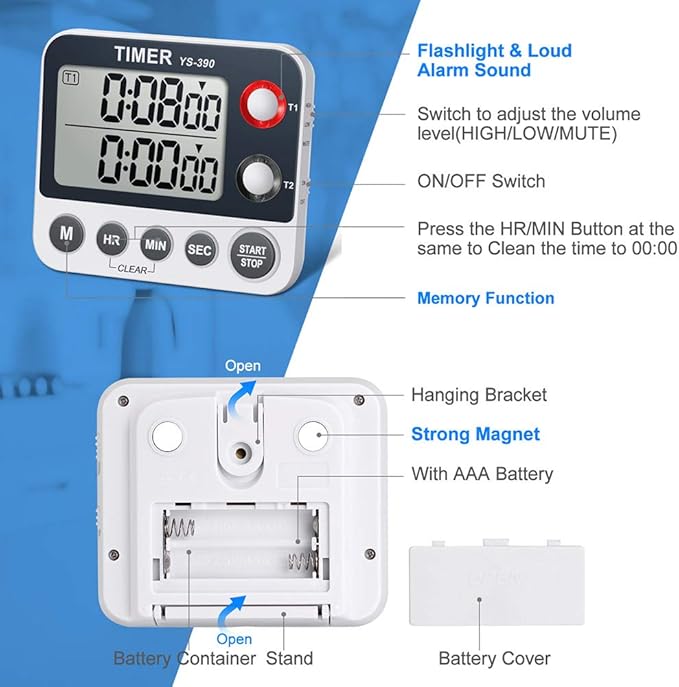 HomeMall Digital Kitchen Cooking Timer, Dual Count Up & Down with Magnetic Back, Large Display, Adjustable Volume and Flashing Alarm Light, ON/Off Switch Stopwatch, Battery Included - Image 2