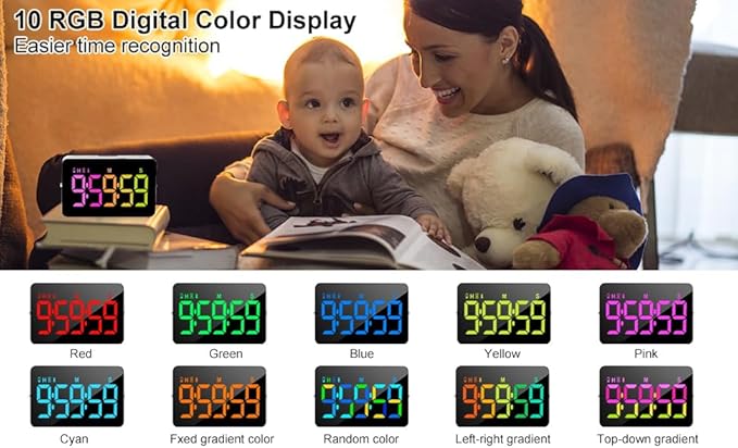 (2 Packs) Rechargeable Timers，Digital Kitchen Timer with 10 Dynamic RGB Color, Magnetic Classroom Timer with Countdown/up with 5”LED Display 3 Brightness 4 Volume Adjustable - Image 6