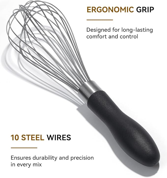 Anyongora 10 Inch Whisk, Sturdy Stainless Steel Wire Whisk with Non-Slip Grip - Dishwasher Safe & Rust Resistant Kitchen Tool for Cooking, Blending, Whisking & Mixing Batter