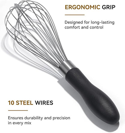 Anyongora 10 Inch Whisk, Sturdy Stainless Steel Wire Whisk with Non-Slip Grip - Dishwasher Safe & Rust Resistant Kitchen Tool for Cooking, Blending, Whisking & Mixing Batter