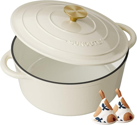 Enameled Cast Iron Dutch Oven - 4.5QT Pot with Lid & Cotton Potholders - Heavy-Duty Cookware for Braising, Stews, Roasting, Bread Baking, Oven Safe up to 500° F & Across All Cooktops, Cream White by SUNOUTLY